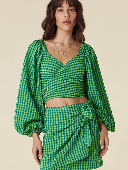 Pixie Gingham Wrap Top