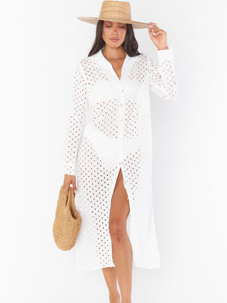 Dayton Button Down Midi Dress in White Eyelet