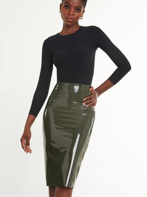 Faux Patent Leather Midi Skirt in Olive
