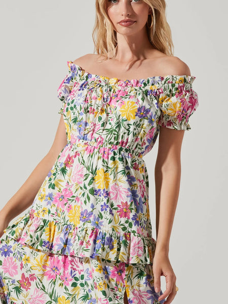 Viona Floral Off Shoulder Tiered Midi Dress