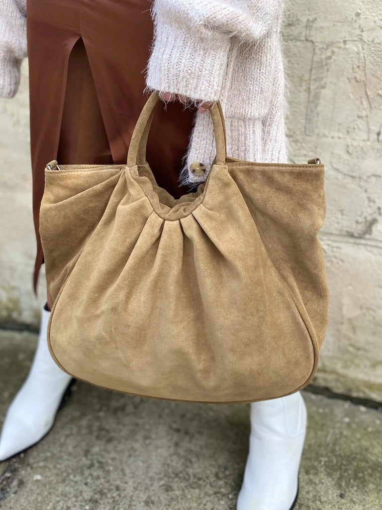 Capri Gathered Suede Satchel in Tan